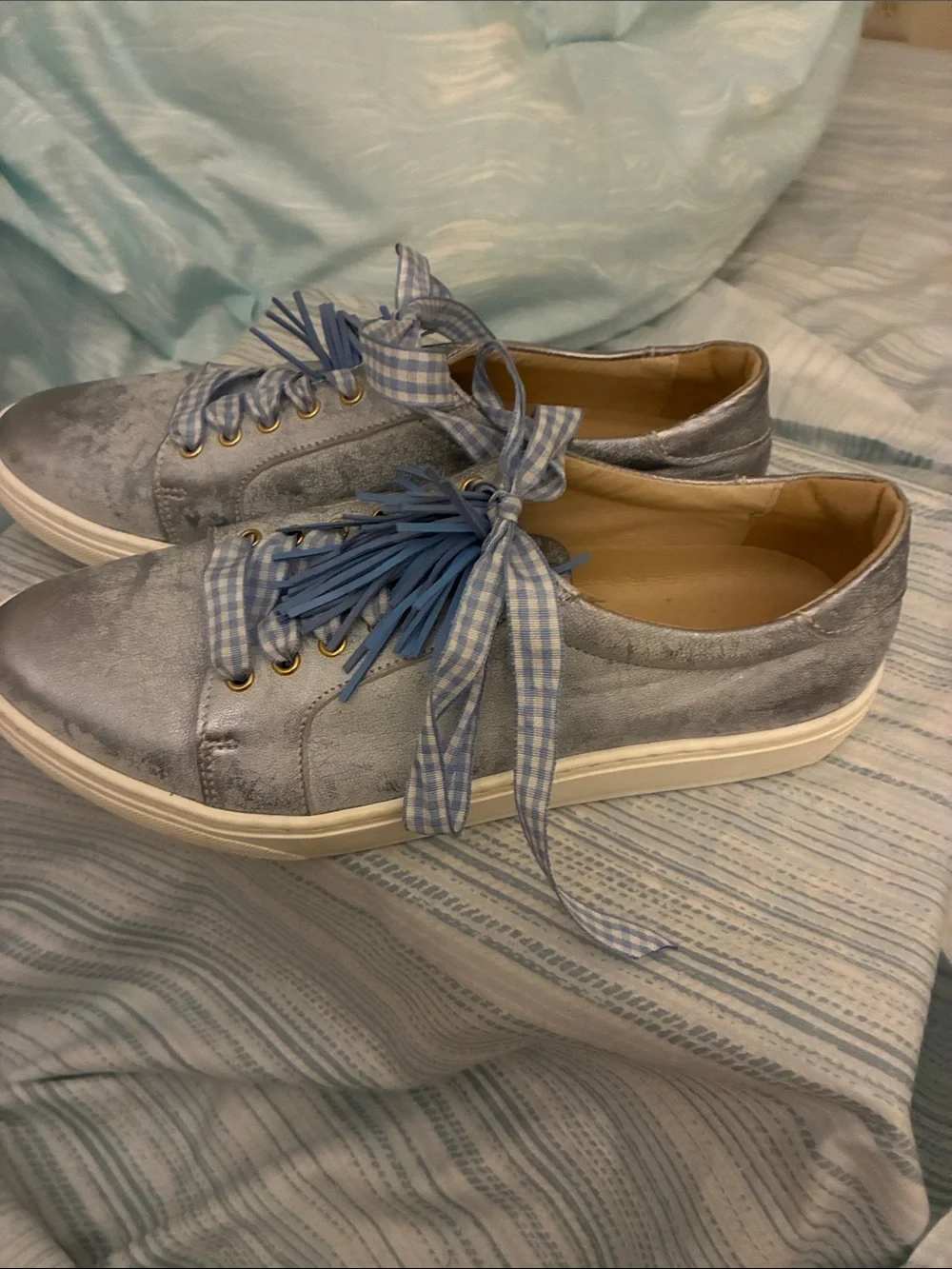 SCHUTZ Metallic Silver Sneakers with Blue Accents
